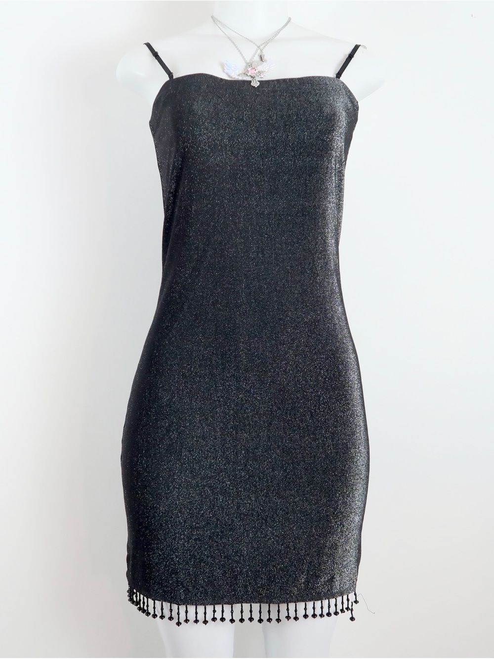 City Triangles Black Glitter Slip Dress with Beaded Fringe